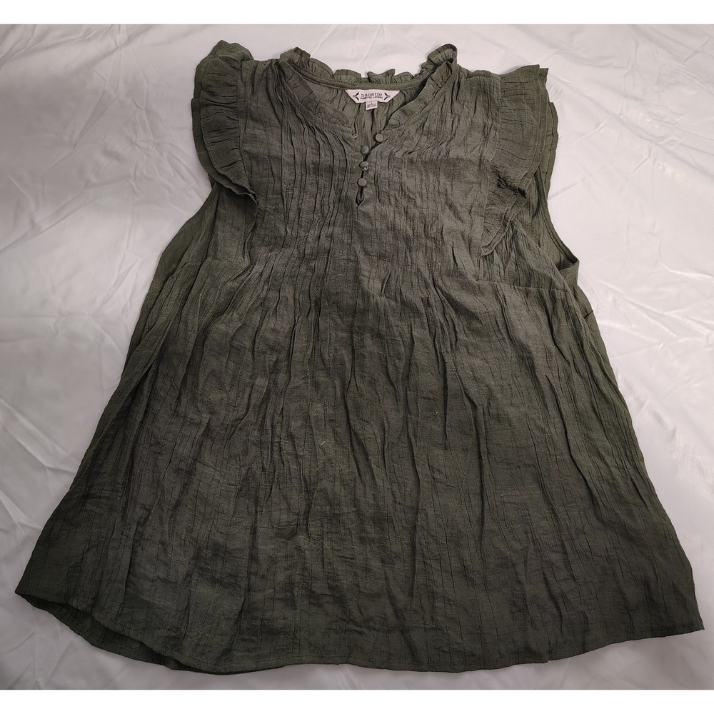 Nanette Lepore Olive Green Crinkle Ruffle Flutter Sleeve Top Large Classic